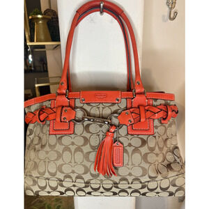 COACH Hampton C Logo Beige Canvas Braided Pink Leather Carryall Tote MSRP $395